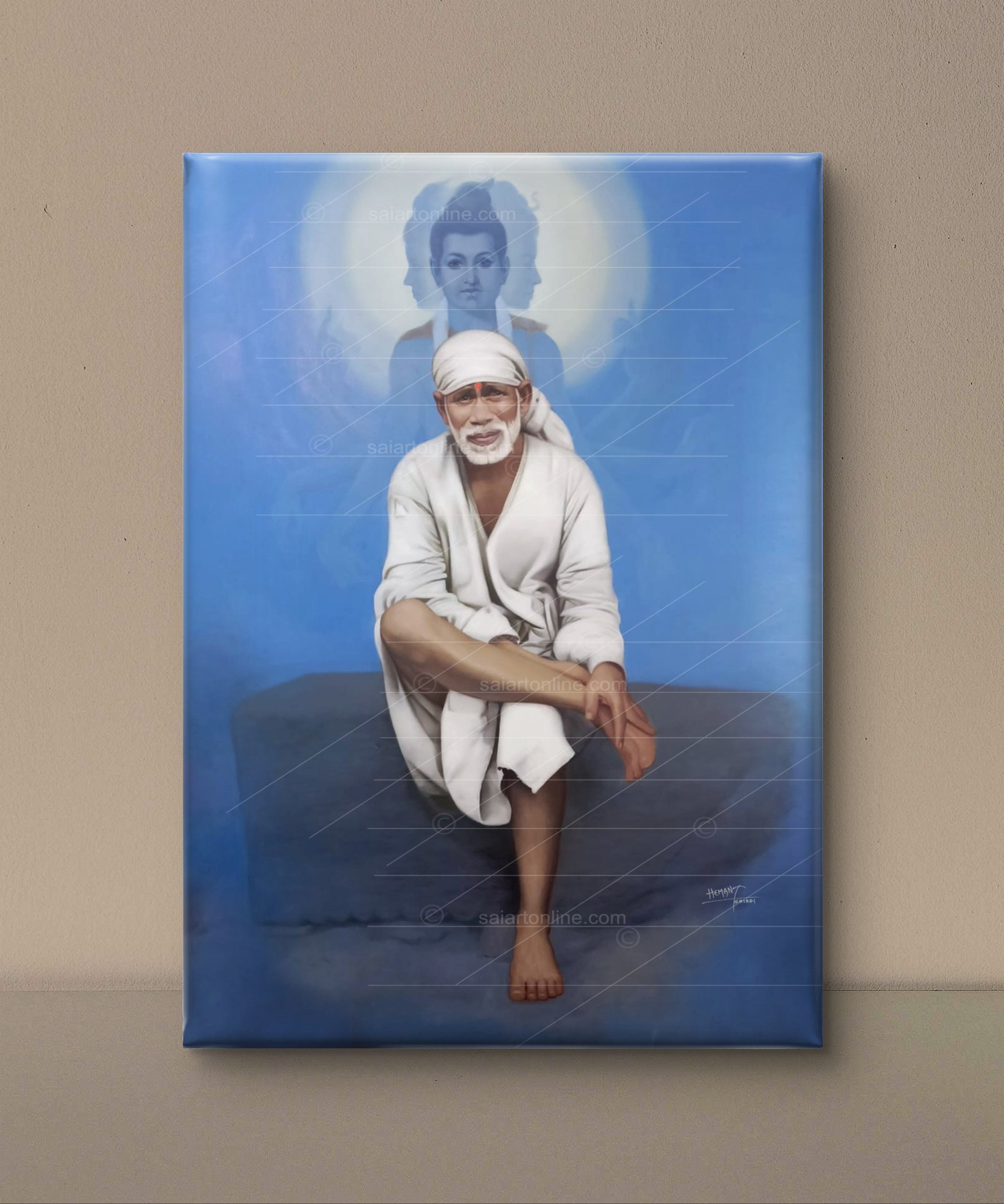 Shirdi Sai Baba Photo Sitting On Stone Hand Painting Canvas Reprint Wall Art Decor photo, Picture/Poster